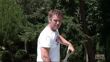 This brunette milf looks wonderful when she is oild up and fucked hard beside the swimming pool